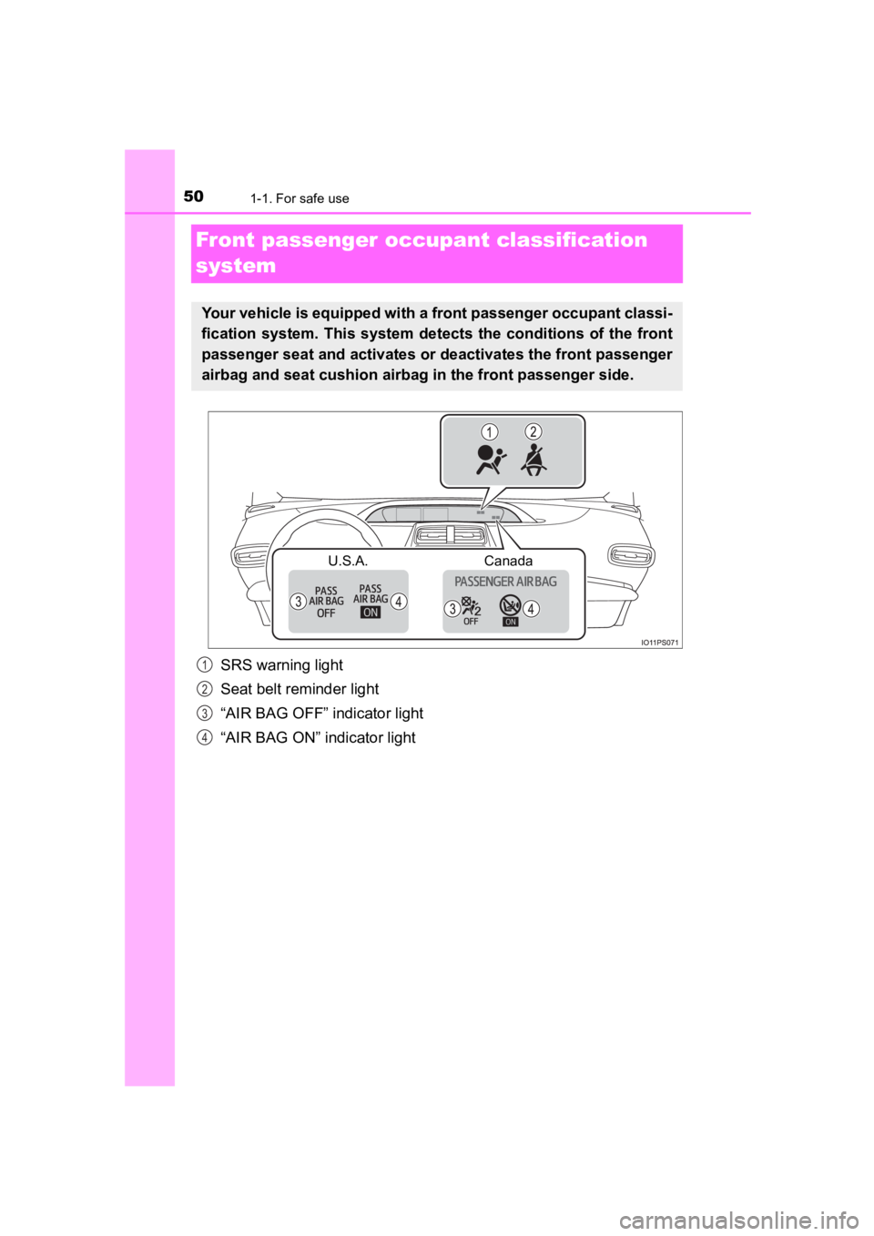 TOYOTA PRIUS PRIME 2020  Owners Manual (in English) 501-1. For safe use
PRIUS PRIME_OM_OM47C77U_(U)
Front passenger occupant classification 
system
SRS warning light
Seat belt reminder light
“AIR BAG OFF” indicator light
“AIR BAG ON” indicator 
