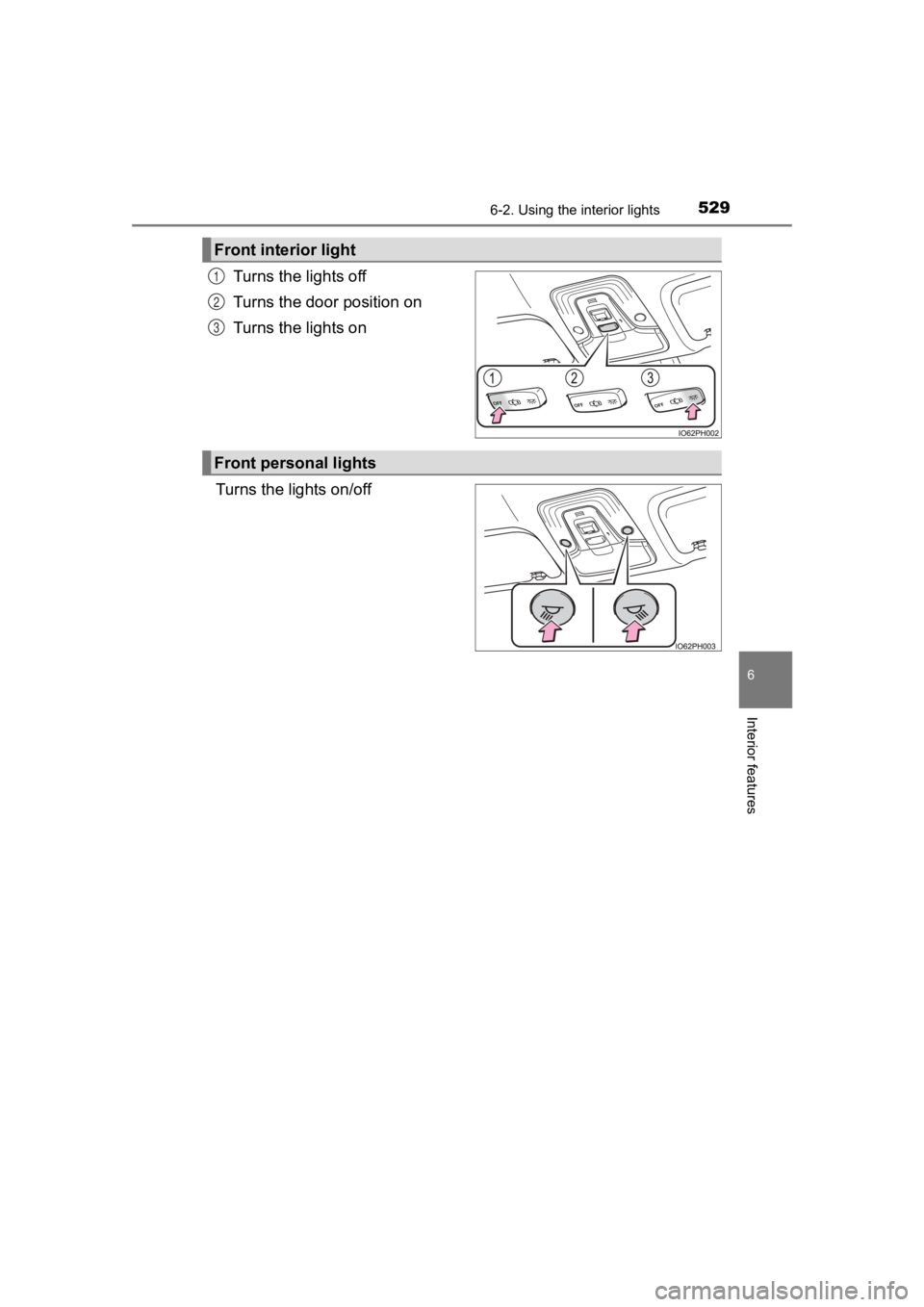 TOYOTA PRIUS PRIME 2020  Owners Manual (in English) PRIUS PRIME_OM_OM47C77U_(U)
5296-2. Using the interior lights
6
Interior features
Turns the lights off
Turns the door position on
Turns the lights on
Turns the lights on/off
Front interior light
1
2
3