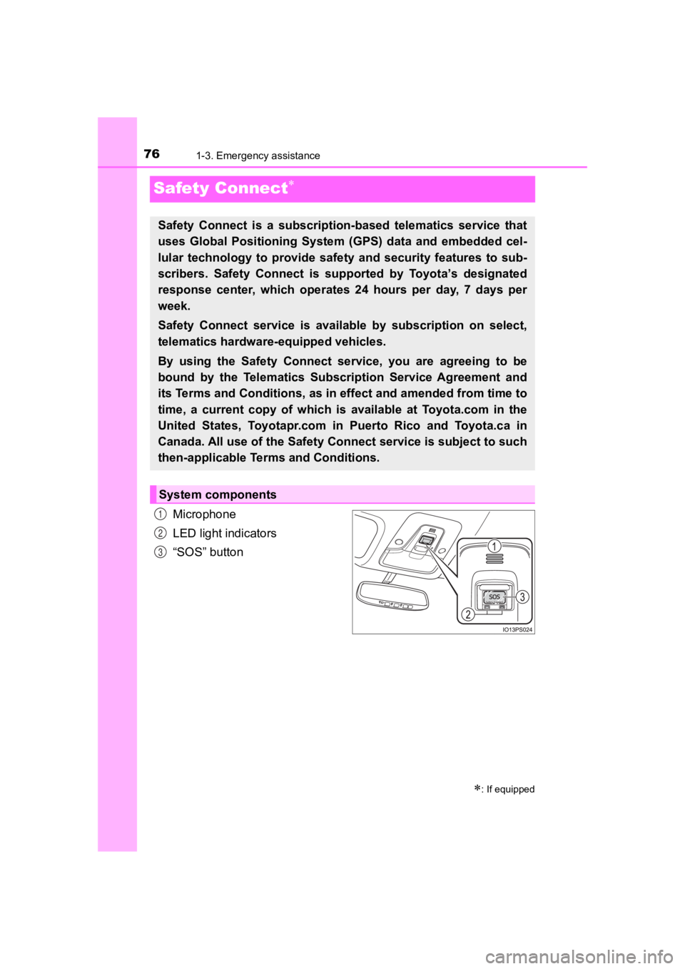 TOYOTA PRIUS PRIME 2020  Owners Manual (in English) 761-3. Emergency assistance
PRIUS PRIME_OM_OM47C77U_(U)
Safety Connect
Microphone
LED light indicators
“SOS” button
: If equipped
Safety  Connect  is  a  subscription-based  telematics  serv
