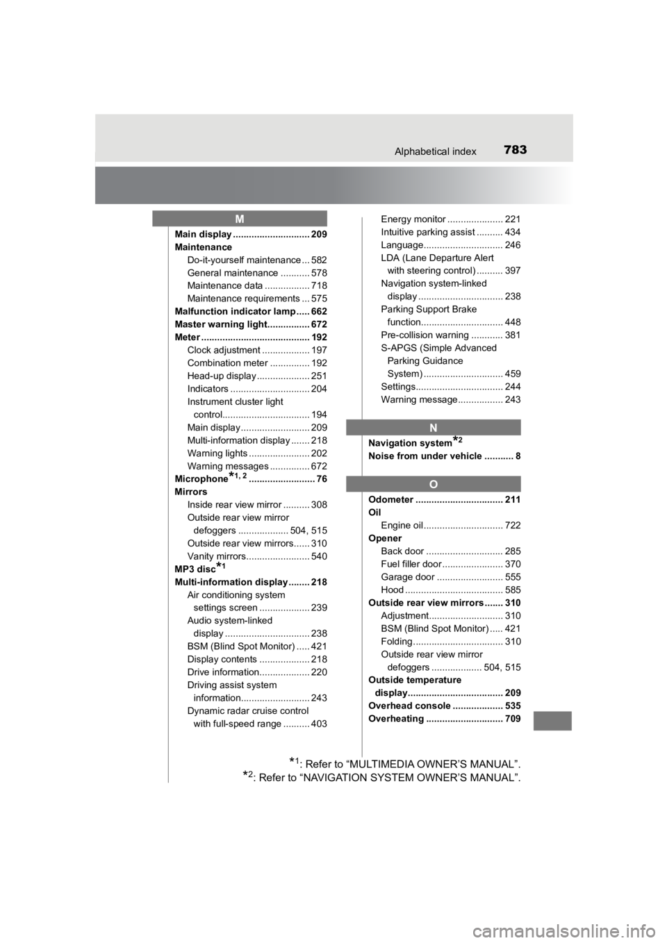 TOYOTA PRIUS PRIME 2020  Owners Manual (in English) 783Alphabetical index
PRIUS PRIME_OM_OM47C77U_(U)
Main display ............................. 209
MaintenanceDo-it-yourself maintenance ... 582
General maintenance ........... 578
Maintenance data ....