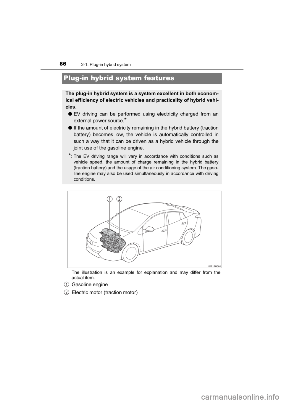 TOYOTA PRIUS PRIME 2020 Owners Manual (in English) 86
PRIUS PRIME_OM_OM47C77U_(U)
2-1. Plug-in hybrid system
Plug-in hybrid system features
The illustration is an example for explanation and may differ from the
actual item.
Gasoline engine
TOYOTA PRIUS PRIME 2020 Owners Manual (in English) 86
PRIUS PRIME_OM_OM47C77U_(U)
2-1. Plug-in hybrid system
Plug-in hybrid system features
The illustration is an example for explanation and may differ from the
actual item.
Gasoline engine