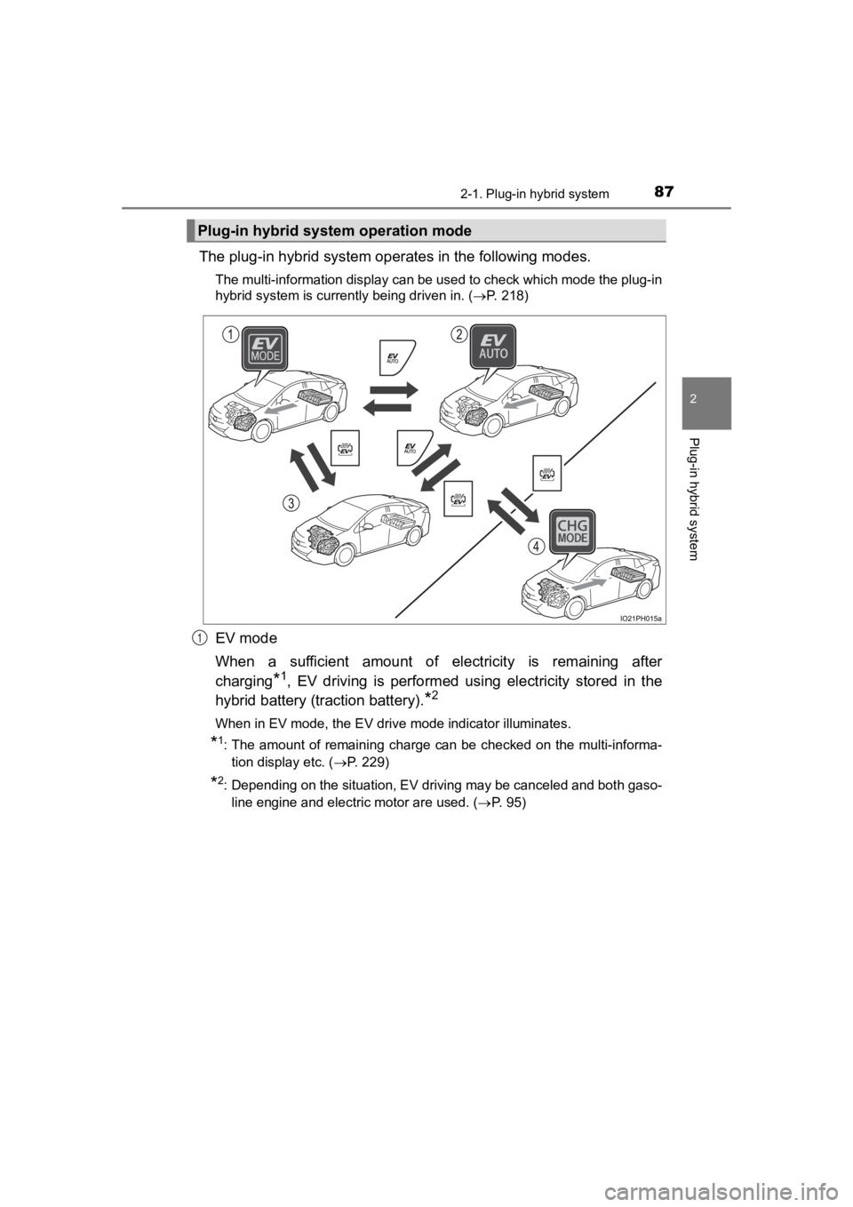 TOYOTA PRIUS PRIME 2020  Owners Manual (in English) PRIUS PRIME_OM_OM47C77U_(U)
872-1. Plug-in hybrid system
2
Plug-in hybrid system
The plug-in hybrid system operates in the following modes.
The multi-information display can be used to check which mod