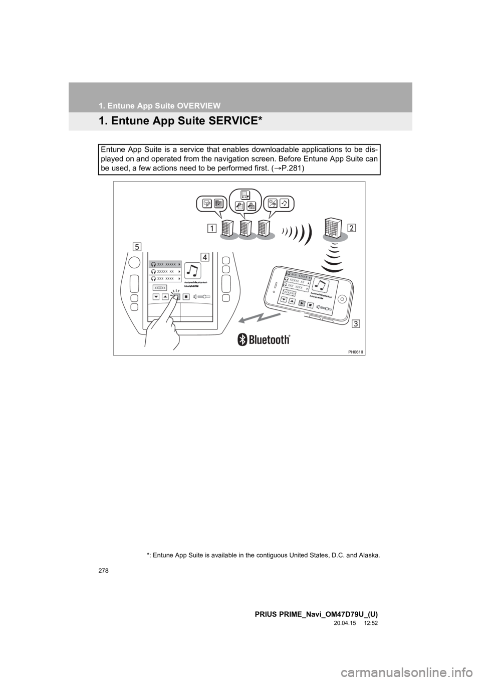 TOYOTA PRIUS PRIME 2021  Accessories, Audio & Navigation (in English) 278
PRIUS PRIME_Navi_OM47D79U_(U)
20.04.15     12:52
1. Entune App Suite OVERVIEW
1. Entune App Suite SERVICE*
Entune  App  Suite  is  a  service  that  enables  downloadable  applications  to  be  di