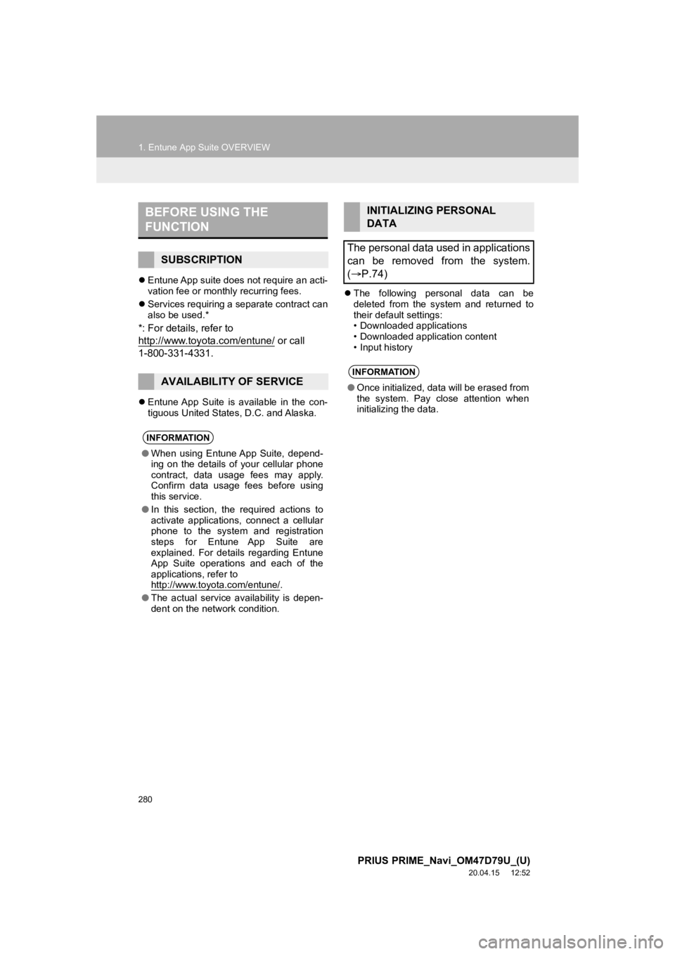 TOYOTA PRIUS PRIME 2021  Accessories, Audio & Navigation (in English) 280
1. Entune App Suite OVERVIEW
PRIUS PRIME_Navi_OM47D79U_(U)
20.04.15     12:52
Entune App suite does not require an acti-
vation fee or monthly recurring fees.
 Services requiring a separate 