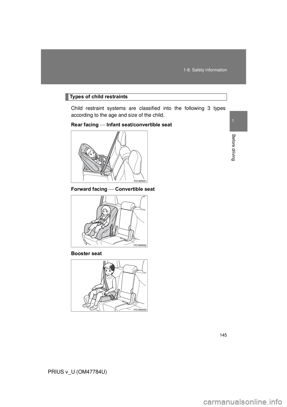 TOYOTA PRIUS V 2012  Owners Manual (in English) 145
1-8. Safety information
1
Before driving
PRIUS v_U (OM47784U)
Types of child restraints
Child restraint systems are classi fied into the following 3 types
according to the age and size of the chil