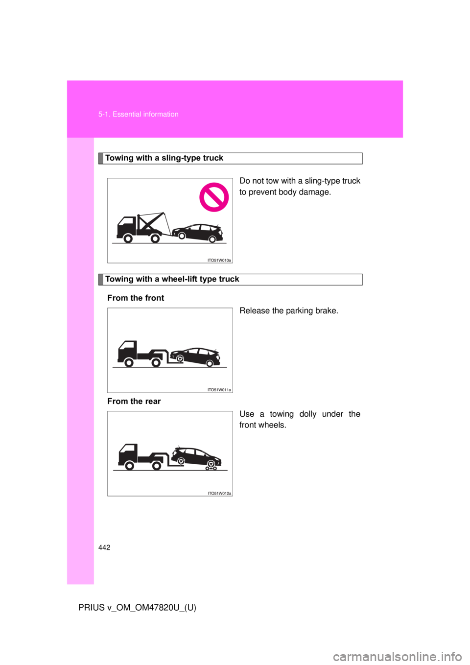 TOYOTA PRIUS V 2013  Owners Manual (in English) 442 5-1. Essential information
PRIUS v_OM_OM47820U_(U)
Towing with a sling-type truckDo not tow with a sling-type truck
to prevent body damage.
Towing with a wheel-lift type truckFrom the front  Relea