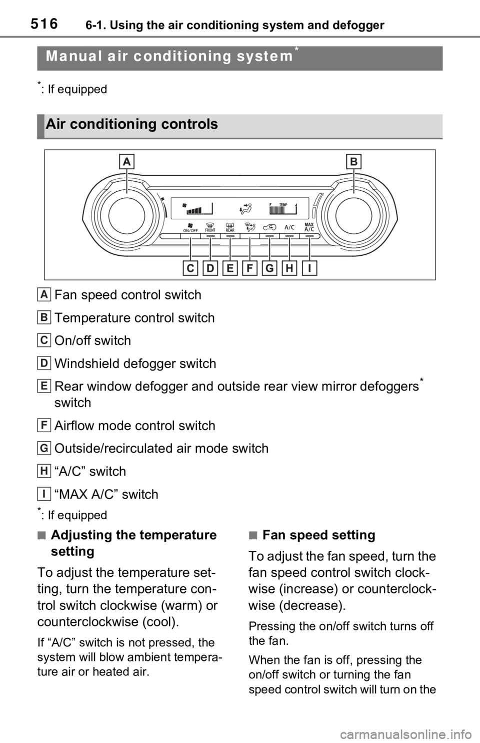 TOYOTA RAV4 2021  Owners Manual (in English) 5166-1. Using the air conditioning system and defogger
6-1.Using the air conditioning system and defogger
*: If equipped
Fan speed control switch
Temperature control switch
On/off switch
Windshield de