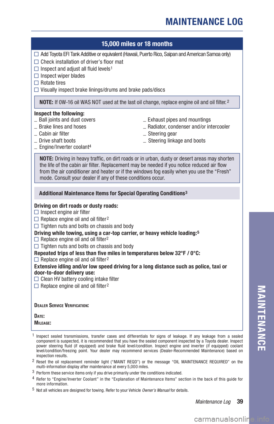 TOYOTA RAV4 HYBRID 2019  Warranties & Maintenance Guides (in English) 39Maintenance Log
MAINTENANCE LOG
MAINTENANCE
15,000 miles or 18 months
Add Toyota EFI Tank Additive or equivalent (Hawaii, Puerto Rico, Saipan and American Samoa only) 
Check installation of driver