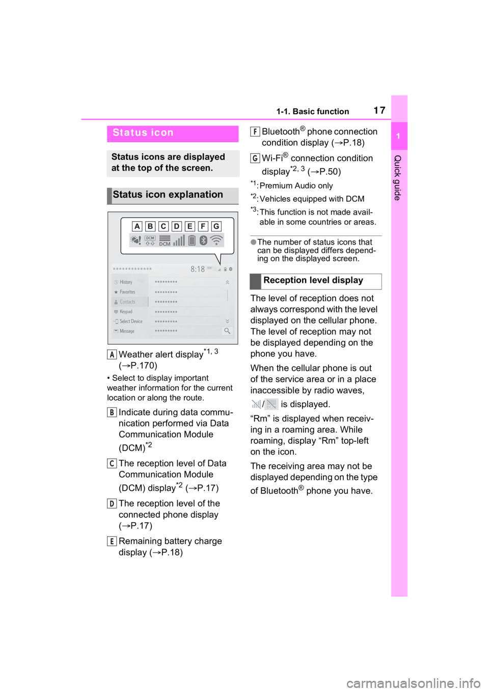 TOYOTA RAV4 PRIME 2021  Accessories, Audio & Navigation (in English) 171-1. Basic function
1
Quick guide
Weather alert display*1, 3 
( P.170)
• Select to display important 
weather information for the current 
location or along the route.
Indicate during data comm