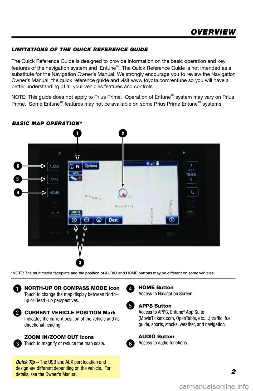 TOYOTA SEQUOIA 2018  Accessories, Audio & Navigation (in English) 2
The Quick Reference Guide is designed to provide information on the basic operation and key 
features of the navigation system and  Entune™. The Quick Reference Guide is not intended as a 
substit
