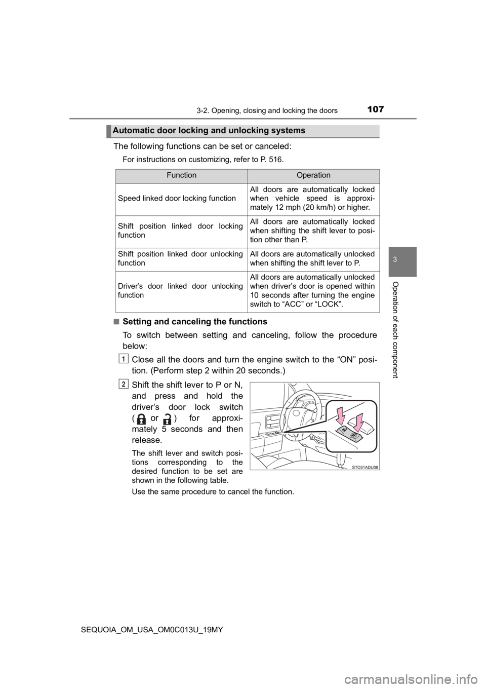 TOYOTA SEQUOIA 2019 Owners Manual (in English) 1073-2. Opening, closing and locking the doors
3
Operation of each component
SEQUOIA_OM_USA_OM0C013U_19MY
The following functions can be set or canceled:
For instructions on customizing, refer to P. 5 TOYOTA SEQUOIA 2019 Owners Manual (in English) 1073-2. Opening, closing and locking the doors
3
Operation of each component
SEQUOIA_OM_USA_OM0C013U_19MY
The following functions can be set or canceled:
For instructions on customizing, refer to P. 5