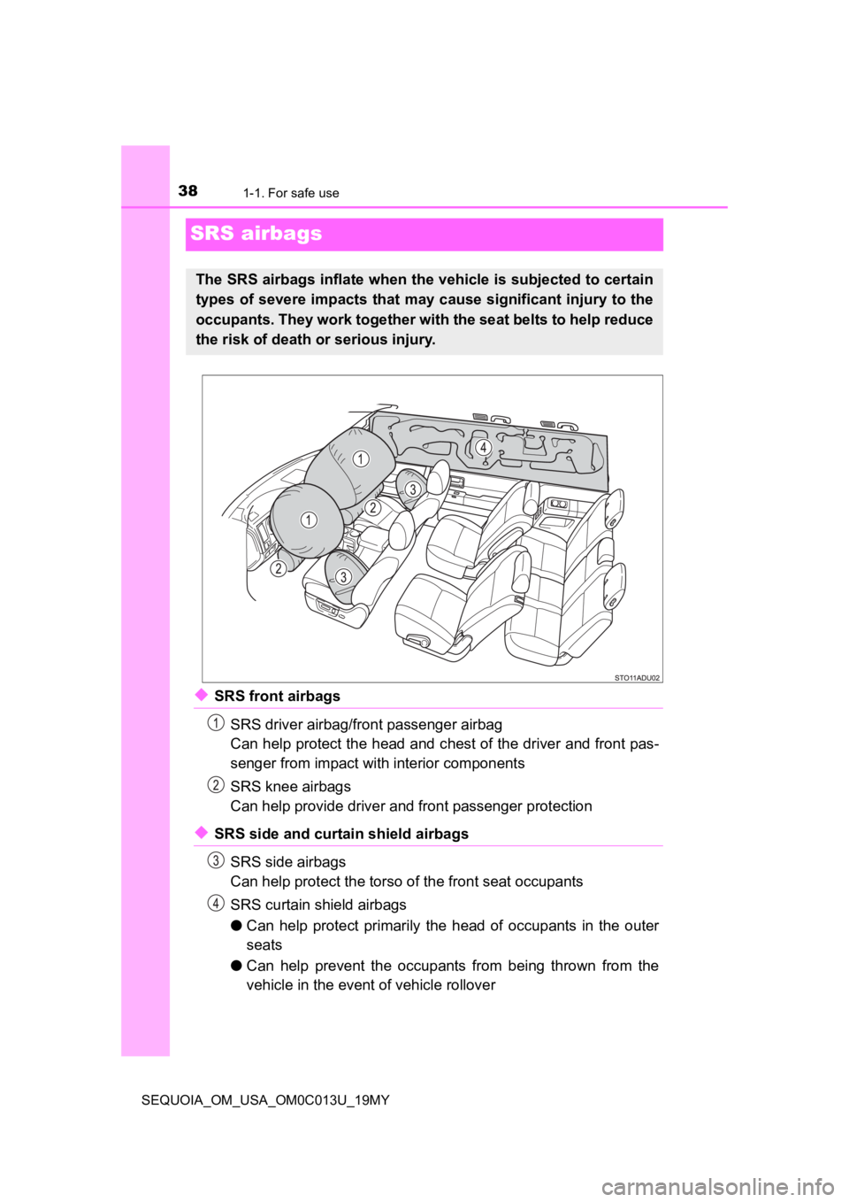 TOYOTA SEQUOIA 2019  Owners Manual (in English) 381-1. For safe use
SEQUOIA_OM_USA_OM0C013U_19MY
SRS airbags
◆SRS front airbagsSRS driver airbag/front passenger airbag 
Can help protect the head and c hest of the driver and front pas-
senger from