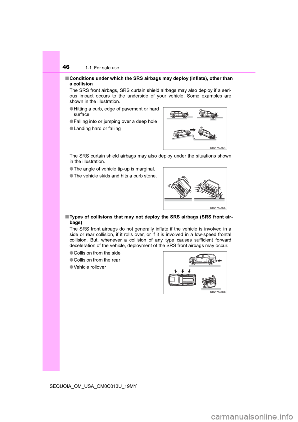 TOYOTA SEQUOIA 2019 Owners Manual (in English) 461-1. For safe use
SEQUOIA_OM_USA_OM0C013U_19MY■
Conditions under which the SRS ai rbags may deploy (inflate), other than
a collision
The SRS front airbags, SRS curtain shield airbags may also dep TOYOTA SEQUOIA 2019 Owners Manual (in English) 461-1. For safe use
SEQUOIA_OM_USA_OM0C013U_19MY■
Conditions under which the SRS ai rbags may deploy (inflate), other than
a collision
The SRS front airbags, SRS curtain shield airbags may also dep