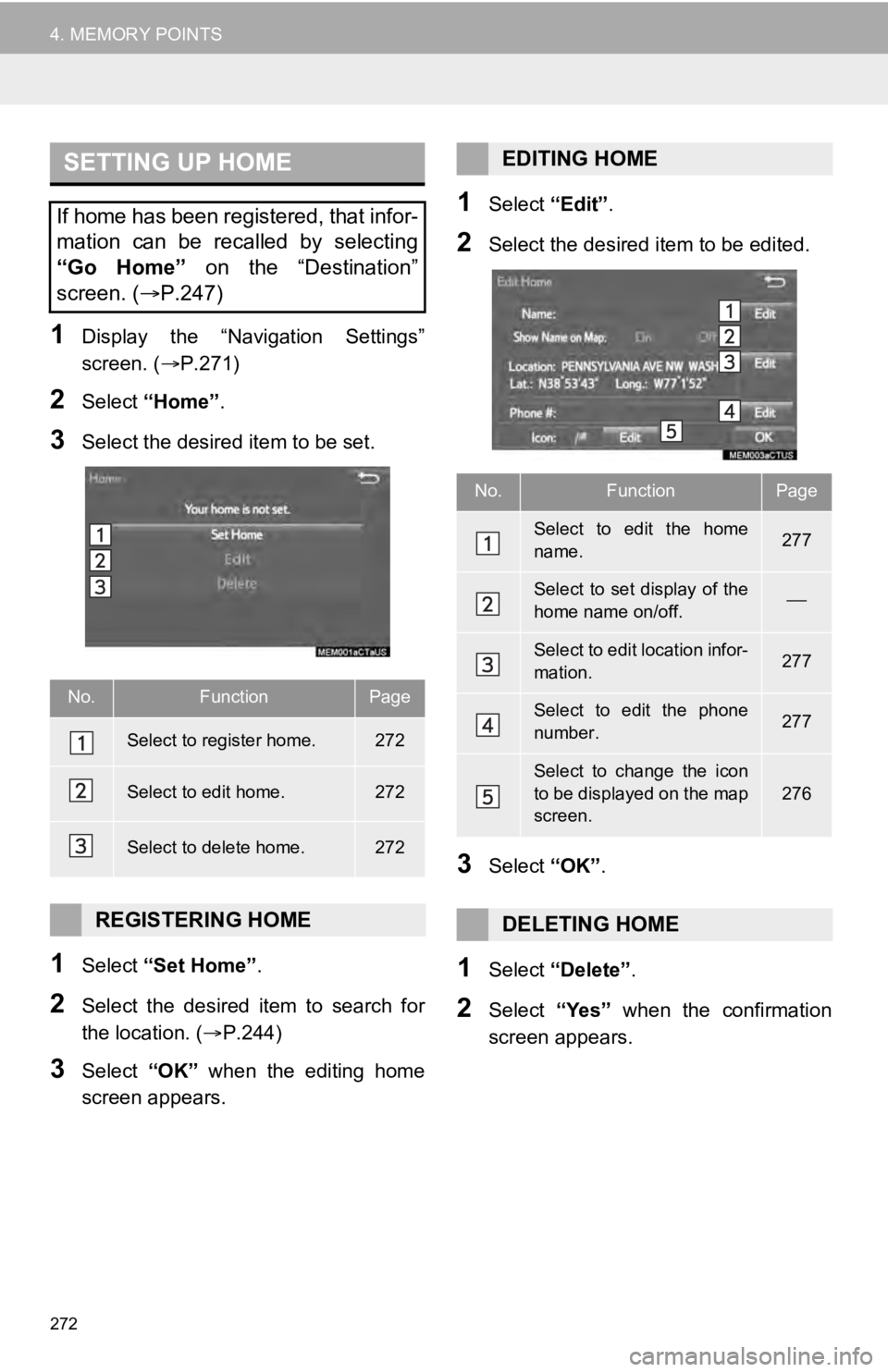 TOYOTA SEQUOIA 2019  Accessories, Audio & Navigation (in English) 272
4. MEMORY POINTS
1Display  the  “Navigation  Settings”
screen. (P.271)
2Select “Home” .
3Select the desired item to be set.
1Select “Set Home” .
2Select  the  desired  item  to  sea