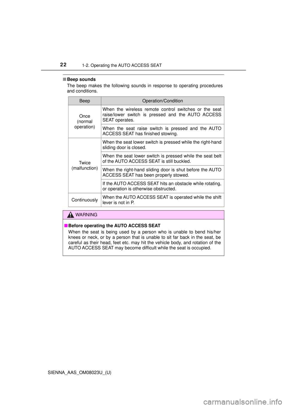 TOYOTA SIENNA 2018 Owners Manual (in English) 221-2. Operating the AUTO ACCESS SEAT
SIENNA_AAS_OM08023U_(U)
■Beep sounds
The beep makes the following sounds in response to operating procedures
and conditions.
BeepOperation/Condition
Once
(norma TOYOTA SIENNA 2018 Owners Manual (in English) 221-2. Operating the AUTO ACCESS SEAT
SIENNA_AAS_OM08023U_(U)
■Beep sounds
The beep makes the following sounds in response to operating procedures
and conditions.
BeepOperation/Condition
Once
(norma