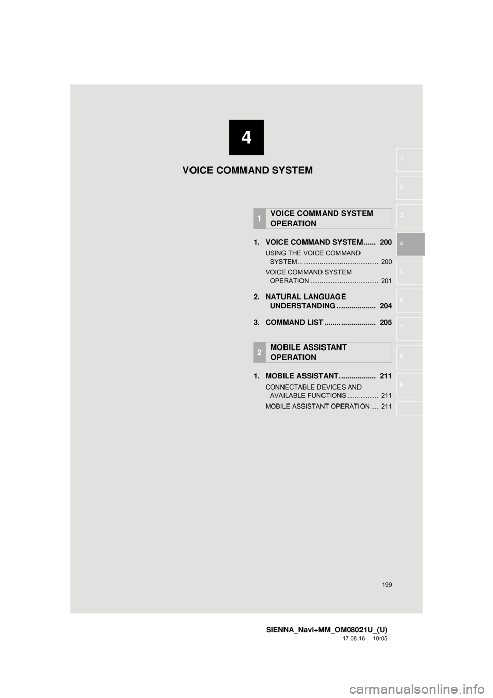 TOYOTA SIENNA 2018  Accessories, Audio & Navigation (in English) 4
199
SIENNA_Navi+MM_OM08021U_(U)
17.08.16     10:05
1
2
3
4
5
6
7
8
9
1. VOICE COMMAND SYSTEM ......  200
USING THE VOICE COMMAND  SYSTEM ............................................  200
VOICE COMMA