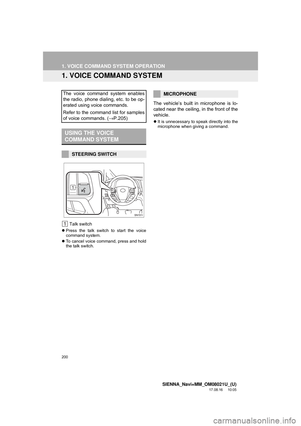 TOYOTA SIENNA 2018  Accessories, Audio & Navigation (in English) 200
SIENNA_Navi+MM_OM08021U_(U)
17.08.16     10:05
1. VOICE COMMAND SYSTEM OPERATION
1. VOICE COMMAND SYSTEM
 Talk switch
Press the talk switch to start the voice
command system.
 To cancel voic