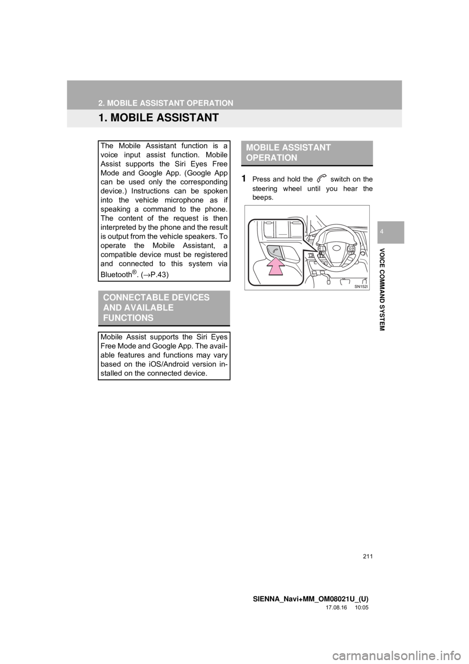 TOYOTA SIENNA 2018  Accessories, Audio & Navigation (in English) 211
SIENNA_Navi+MM_OM08021U_(U)
17.08.16     10:05
VOICE COMMAND SYSTEM
4
2. MOBILE ASSISTANT OPERATION
1. MOBILE ASSISTANT
1Press and hold the   switch on the
steering wheel until you hear the
beeps.