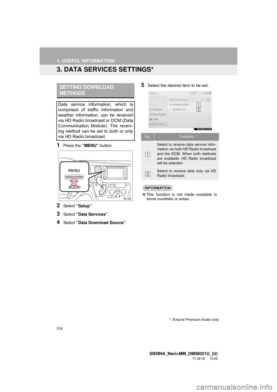 TOYOTA SIENNA 2018  Accessories, Audio & Navigation (in English) 218
1. USEFUL INFORMATION
SIENNA_Navi+MM_OM08021U_(U)
17.08.16     10:05
3. DATA SERVICES SETTINGS*
1Press the “MENU” button.
2Select “Setup” .
3Select “Data Services” .
4Select “Data Do