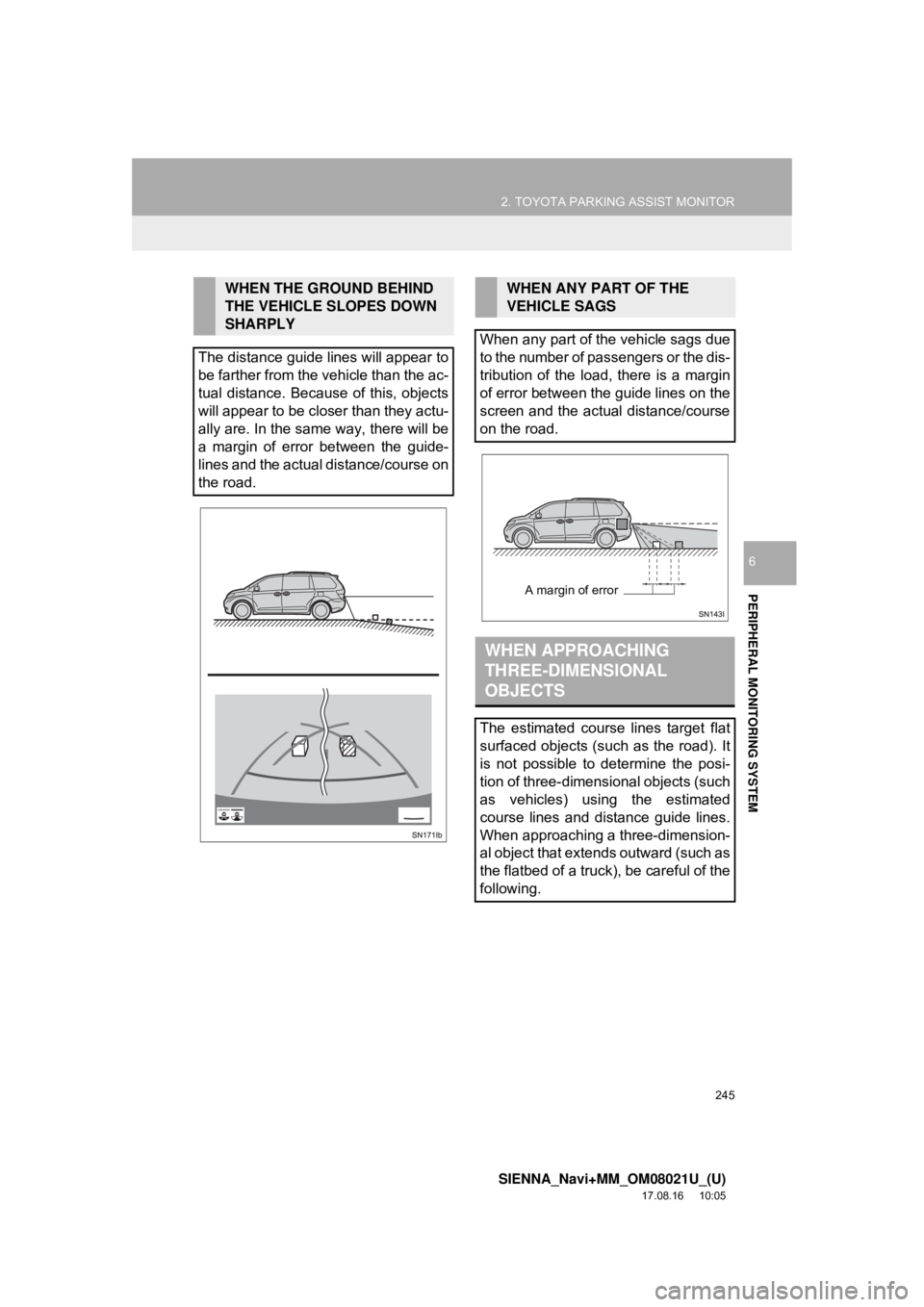 TOYOTA SIENNA 2018  Accessories, Audio & Navigation (in English) 245
2. TOYOTA PARKING ASSIST MONITOR
SIENNA_Navi+MM_OM08021U_(U)
17.08.16     10:05
PERIPHERAL MONITORING SYSTEM
6
WHEN THE GROUND BEHIND 
THE VEHICLE SLOPES DOWN 
SHARPLY
The distance guide lines wil