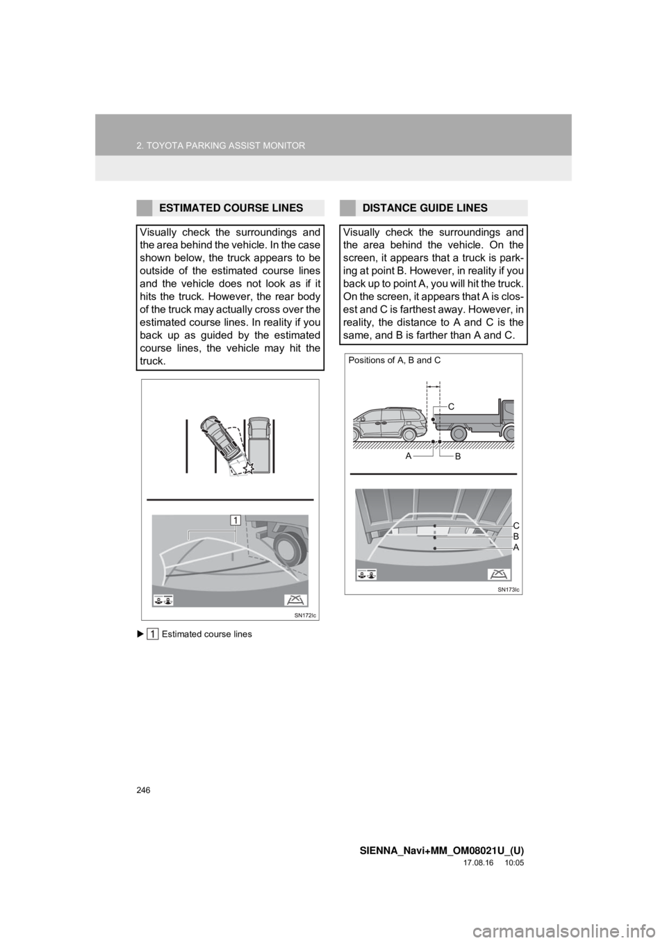 TOYOTA SIENNA 2018  Accessories, Audio & Navigation (in English) 246
2. TOYOTA PARKING ASSIST MONITOR
SIENNA_Navi+MM_OM08021U_(U)
17.08.16     10:05
Estimated course lines
ESTIMATED COURSE LINES
Visually check the surroundings and
the area behind the vehicle. In