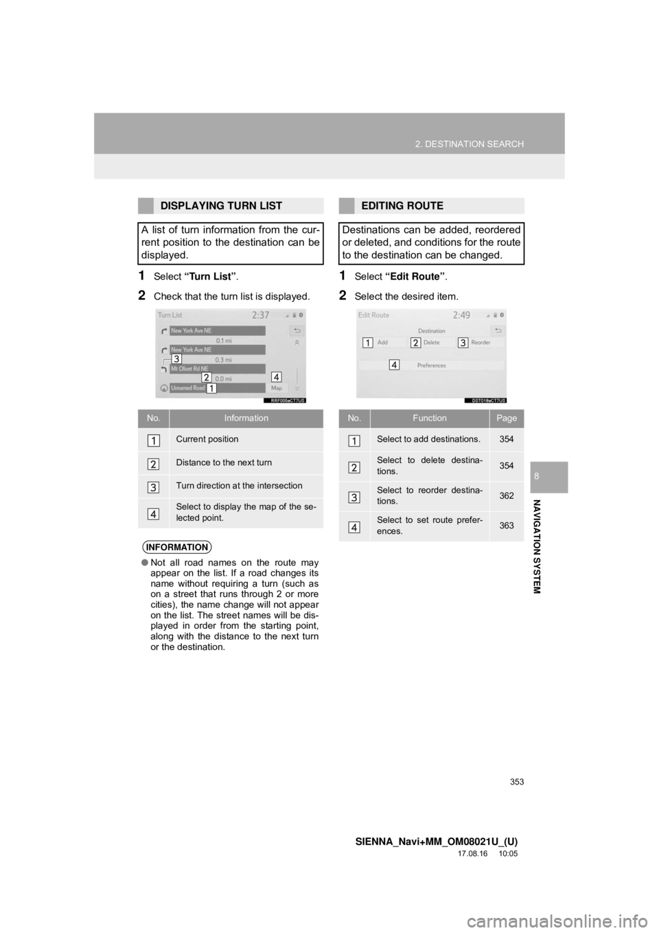 TOYOTA SIENNA 2018  Accessories, Audio & Navigation (in English) 353
2. DESTINATION SEARCH
SIENNA_Navi+MM_OM08021U_(U)
17.08.16     10:05
NAVIGATION SYSTEM
8
1Select “Turn List” .
2Check that the turn list is displayed.
1Select “Edit Route” .
2Select the de