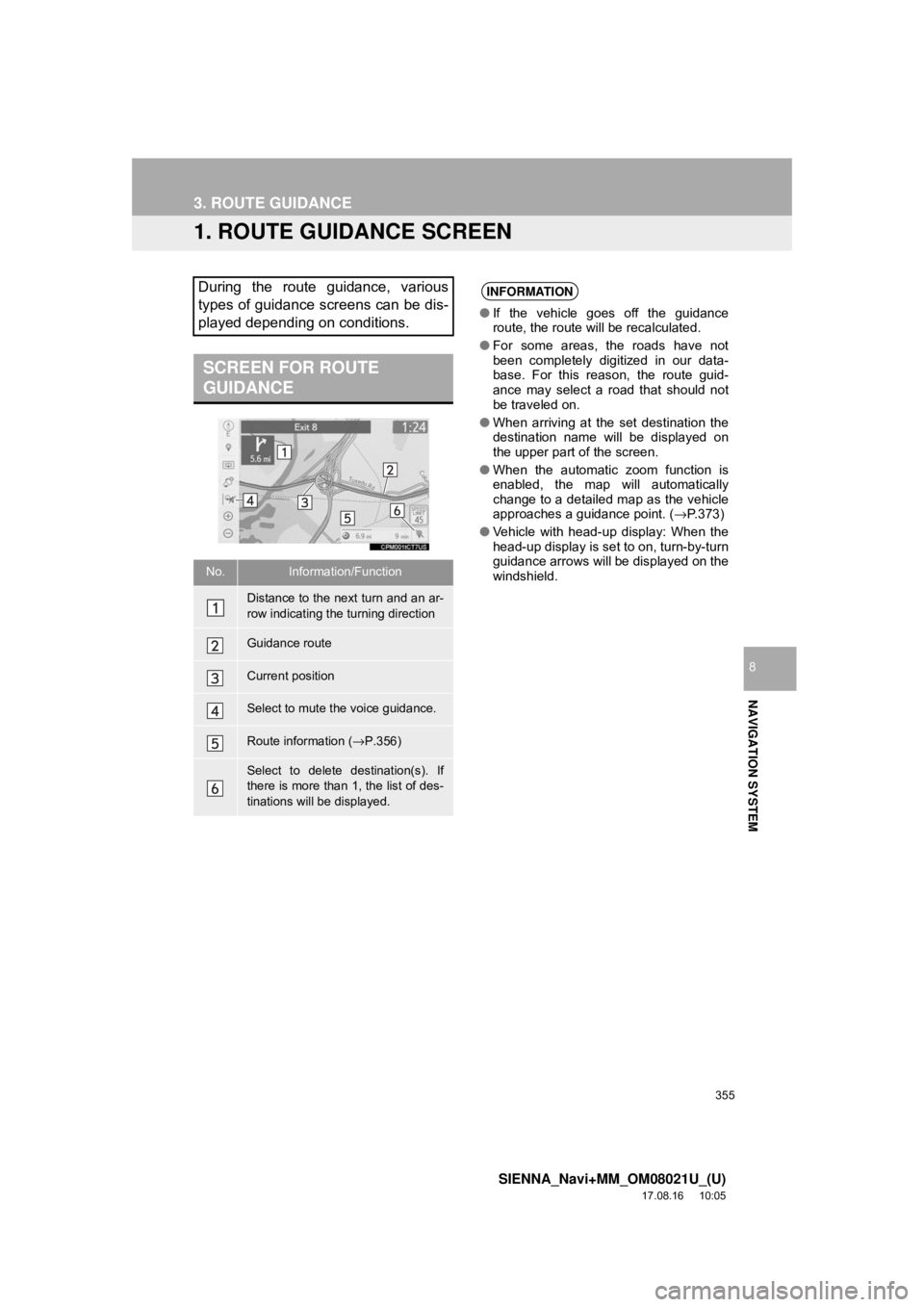 TOYOTA SIENNA 2018  Accessories, Audio & Navigation (in English) 355
SIENNA_Navi+MM_OM08021U_(U)
17.08.16     10:05
NAVIGATION SYSTEM
8
3. ROUTE GUIDANCE
1. ROUTE GUIDANCE SCREEN
During the route guidance, various
types of guidance screens can be dis-
played depend