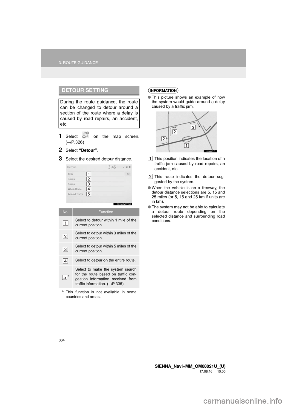 TOYOTA SIENNA 2018 Accessories, Audio & Navigation (in English) 364
3. ROUTE GUIDANCE
SIENNA_Navi+MM_OM08021U_(U)
17.08.16 10:05
1Select on the map screen.
(→P.326)
2Select “Detour” .
3Select the desired detour distance.
DETOUR SETTING
During the route TOYOTA SIENNA 2018 Accessories, Audio & Navigation (in English) 364
3. ROUTE GUIDANCE
SIENNA_Navi+MM_OM08021U_(U)
17.08.16 10:05
1Select on the map screen.
(→P.326)
2Select “Detour” .
3Select the desired detour distance.
DETOUR SETTING
During the route