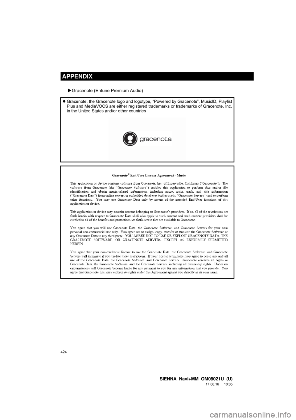 TOYOTA SIENNA 2018  Accessories, Audio & Navigation (in English) 424
SIENNA_Navi+MM_OM08021U_(U)
17.08.16     10:05
APPENDIX
Gracenote (Entune Premium Audio)
 Gracenote, the Gracenote logo and logotype, “Powered by Gracenote”, MusicID, Playlist
Plus and M