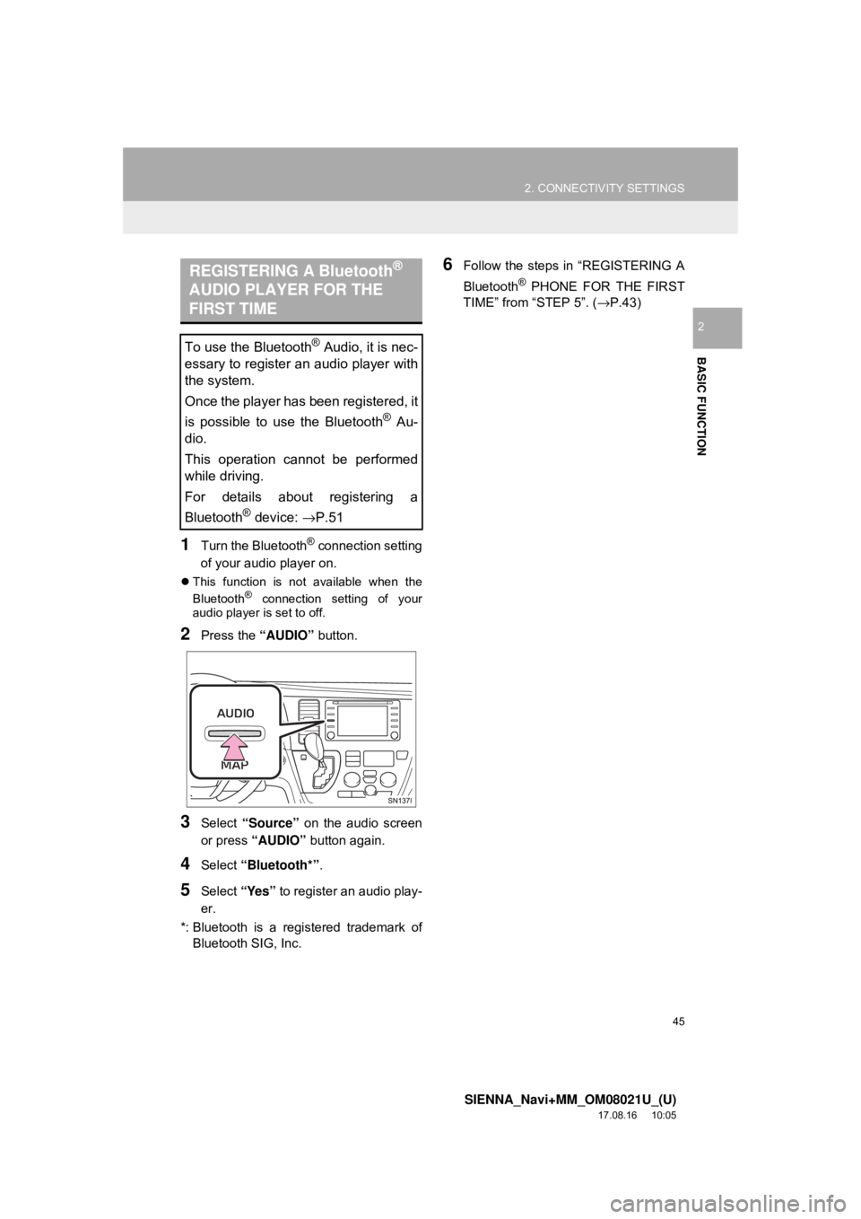 TOYOTA SIENNA 2018  Accessories, Audio & Navigation (in English) 45
2. CONNECTIVITY SETTINGS
SIENNA_Navi+MM_OM08021U_(U)
17.08.16     10:05
BASIC FUNCTION
2
1Turn the Bluetooth® connection setting
of your audio player on.
 This function is not available when th