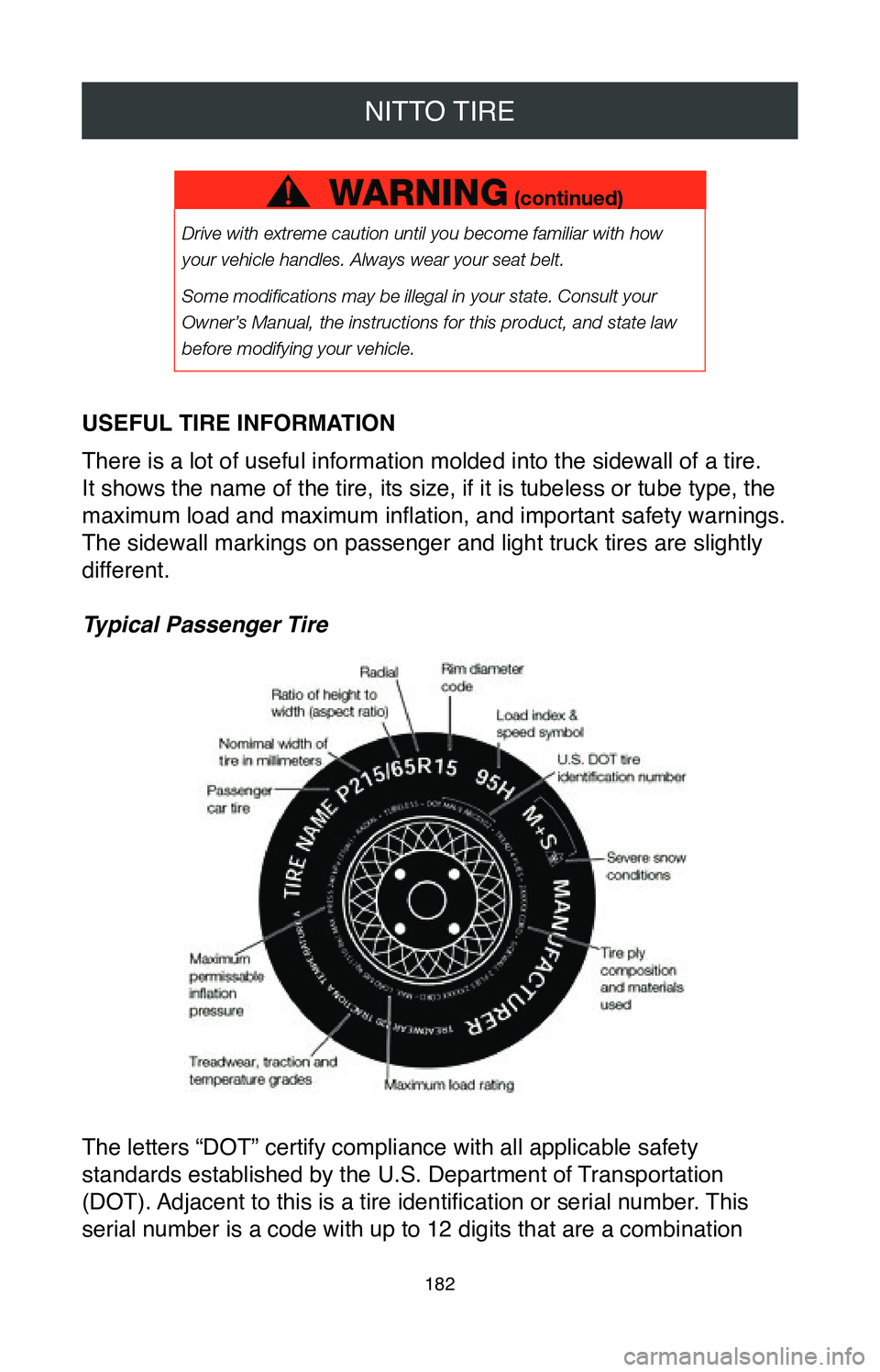 TOYOTA SIENNA 2020  Warranties & Maintenance Guides (in English) NITTO TIRE
182
USEFUL TIRE INFORMATION
There is a lot of useful information molded into the sidewall of a tire.\
 
It shows the name of the tire, its size, if it is tubeless or tube type,\
 the 
maxim