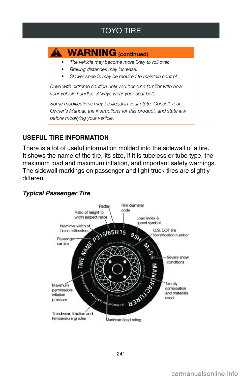 TOYOTA SIENNA 2020  Warranties & Maintenance Guides (in English) TOYO TIRE
241
USEFUL TIRE INFORMATION
There is a lot of useful information molded into the sidewall of a tire.\
 
It shows the name of the tire, its size, if it is tubeless or tube type,\
 the 
maximu