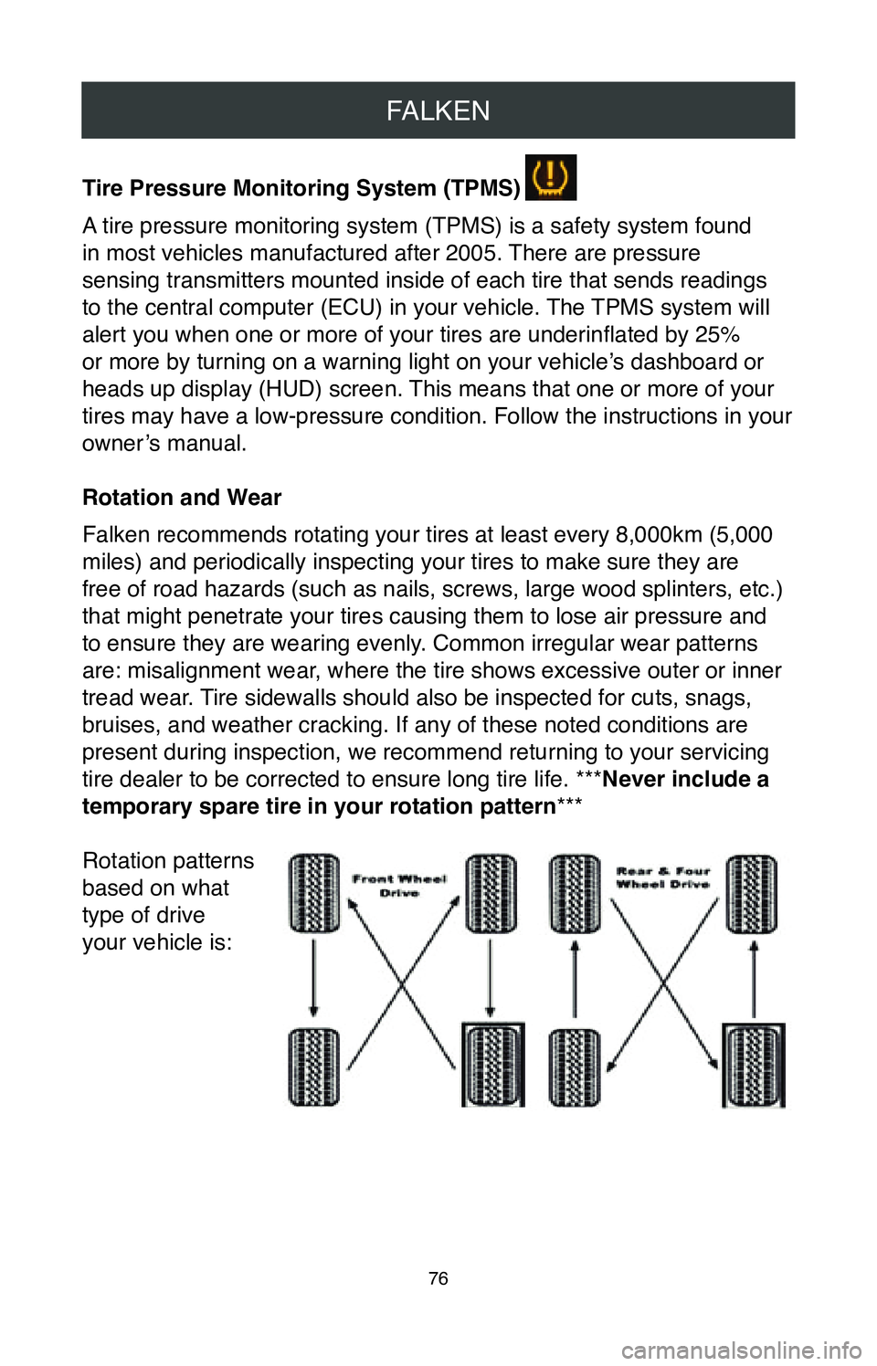 TOYOTA SIENNA 2020  Warranties & Maintenance Guides (in English) FALKEN
76
Tire Pressure Monitoring System (TPMS)
A tire pressure monitoring system (TPMS) is a safety system found  
in most vehicles manufactured after 2005. There are pressure  
sensing transmitters