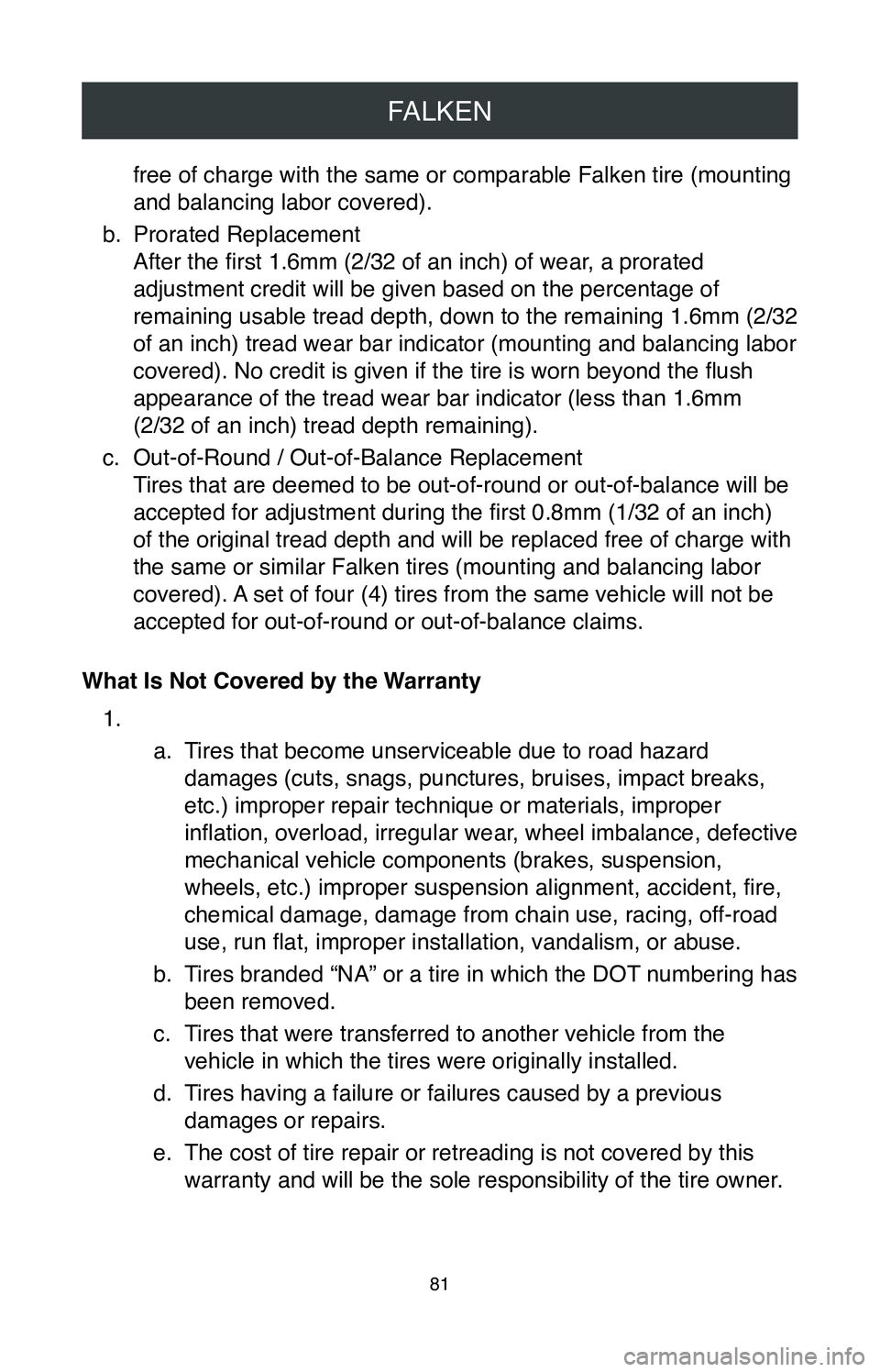 TOYOTA SIENNA 2020  Warranties & Maintenance Guides (in English) FALKEN
81
free of charge with the same or comparable Falken tire (mounting 
and balancing labor covered).
b.
 Prorated Replacement 
After the first 1.6mm (2/32 of an inch) of wear, a prorated 
adjustm