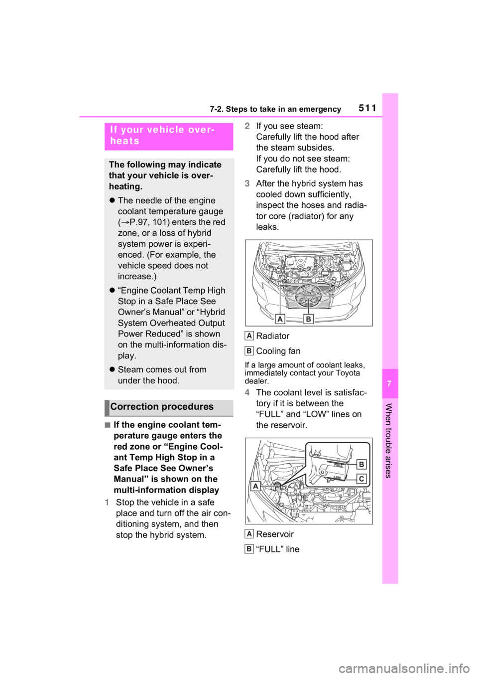 TOYOTA SIENNA HYBRID 2021  Owners Manual (in English) 5117-2. Steps to take in an emergency
7
When trouble arises
■If the engine coolant tem-
perature gauge enters the 
red zone or “Engine Cool-
ant Temp High Stop in a 
Safe Place See Owner’s 
Manu
