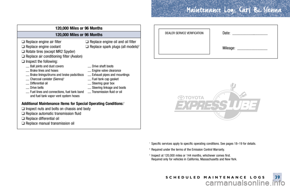 TOYOTA SOLARA 2001  Warranties & Maintenance Guides (in English) Maintenance Log.
. Cars & Sienna
SCHEDULED MAINTENANCE LOGS39
120,000 Miles or 96 Months
❑Replace engine air filter❑Replace engine oil and oil filter
❑Replace engine coolant❑Replace spark plug
