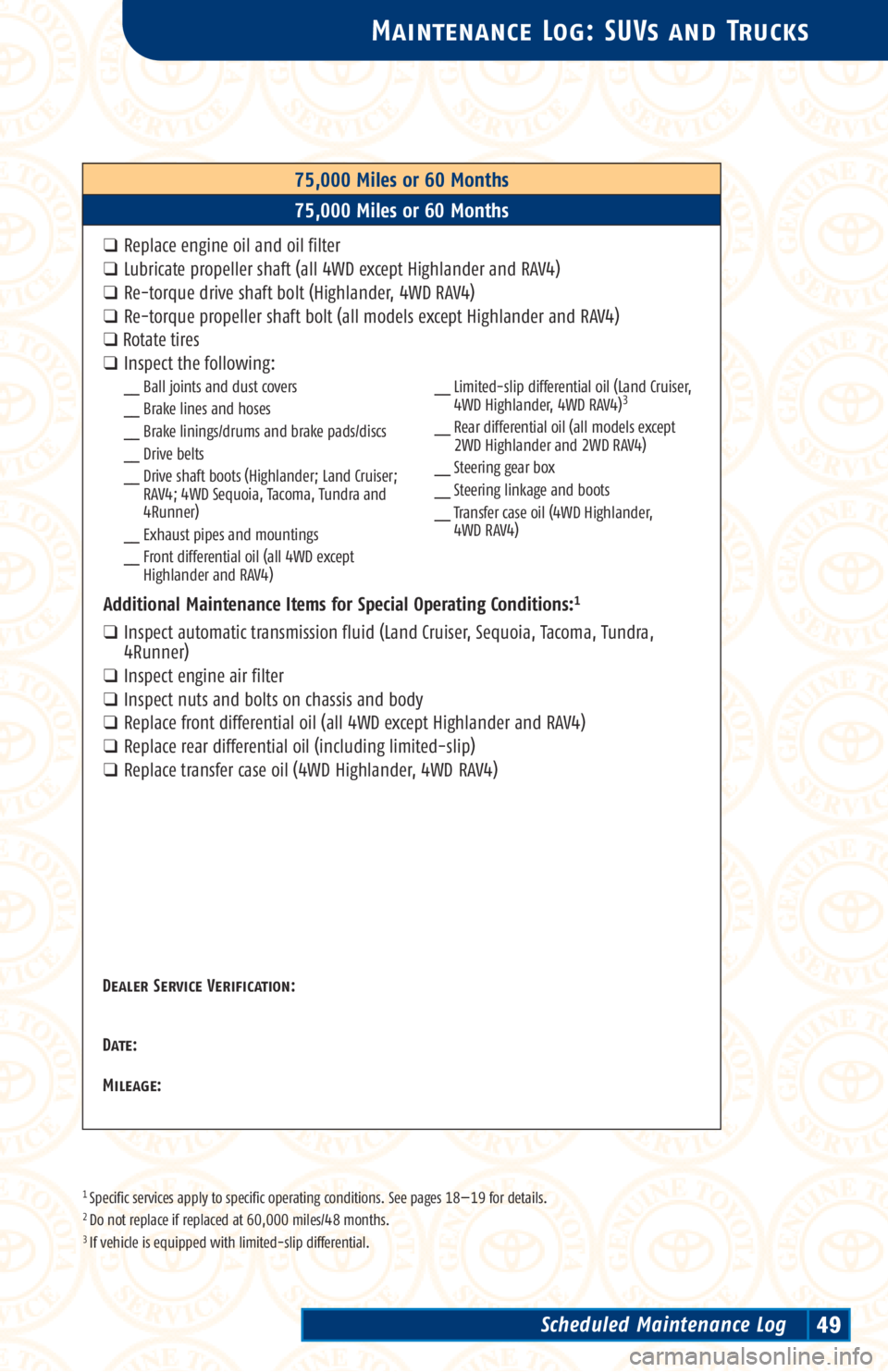 TOYOTA SOLARA 2002 Warranties & Maintenance Guides (in English) 1 Specific services apply to specific operating conditions. See pages 18—19 for details.2 Do not replace if replaced at 60,000 miles/48 months.3 If vehicle is equipped with limited-slip differential TOYOTA SOLARA 2002 Warranties & Maintenance Guides (in English) 1 Specific services apply to specific operating conditions. See pages 18—19 for details.2 Do not replace if replaced at 60,000 miles/48 months.3 If vehicle is equipped with limited-slip differential