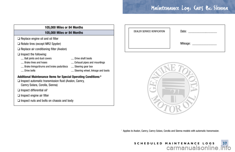 TOYOTA TACOMA 2000  Warranties & Maintenance Guides (in English) Maintenance Log.
. Cars & Sienna
SCHEDULED MAINTENANCE LOGS37
105,000 Miles or 84 Months
❑Replace engine oil and oil filter
❑Rotate tires (except MR2 Spyder)
❑Replace air conditioning filter (Av