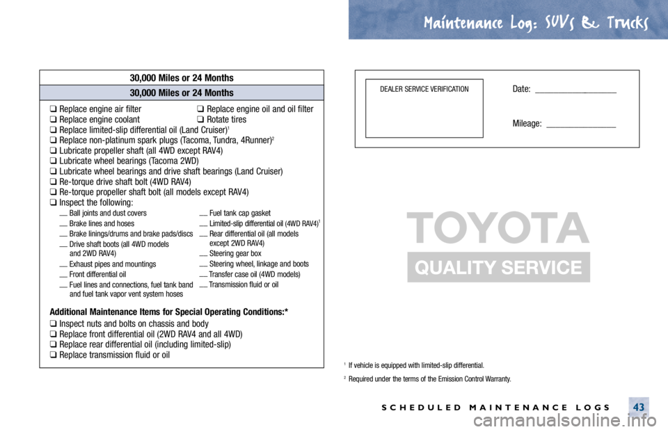 TOYOTA TACOMA 2000 Warranties & Maintenance Guides (in English) Maintenance Log.
. SUVs & Trucks
SCHEDULED MAINTENANCE LOGS43
30,000 Miles or 24 Months
❑Replace engine air filter❑Replace engine oil and oil filter❑Replace engine coolant❑Rotate tires❑Repla TOYOTA TACOMA 2000 Warranties & Maintenance Guides (in English) Maintenance Log.
. SUVs & Trucks
SCHEDULED MAINTENANCE LOGS43
30,000 Miles or 24 Months
❑Replace engine air filter❑Replace engine oil and oil filter❑Replace engine coolant❑Rotate tires❑Repla