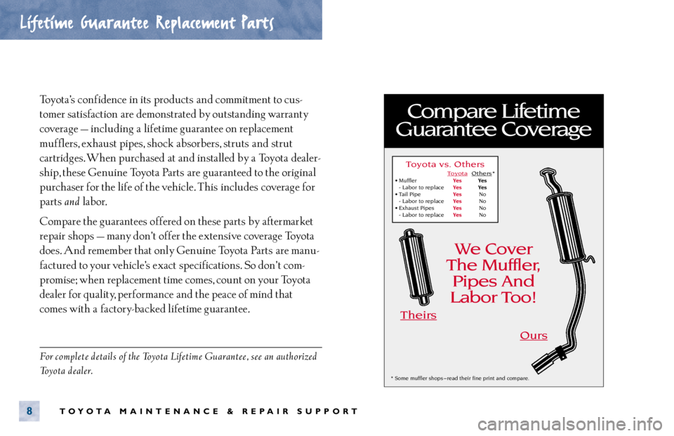 TOYOTA TACOMA 2000 Warranties & Maintenance Guides (in English) Toyota’s confidence in its products and commitment to cus-
tomer satisfaction are demonstrated by outstanding warranty
coverage — including a lifetime guarantee on replacement
mufflers, exhaust TOYOTA TACOMA 2000 Warranties & Maintenance Guides (in English) Toyota’s confidence in its products and commitment to cus-
tomer satisfaction are demonstrated by outstanding warranty
coverage — including a lifetime guarantee on replacement
mufflers, exhaust