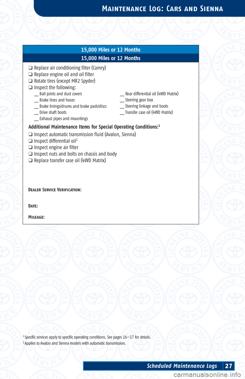 TOYOTA TACOMA 2003  Warranties & Maintenance Guides (in English) 1 Specific services apply to specific operating conditions. See pages 16—17 for details.2 Applies to Avalon and Sienna models with automatic transmission.
Maintenance Log: Cars and Sienna
15,000 Mil