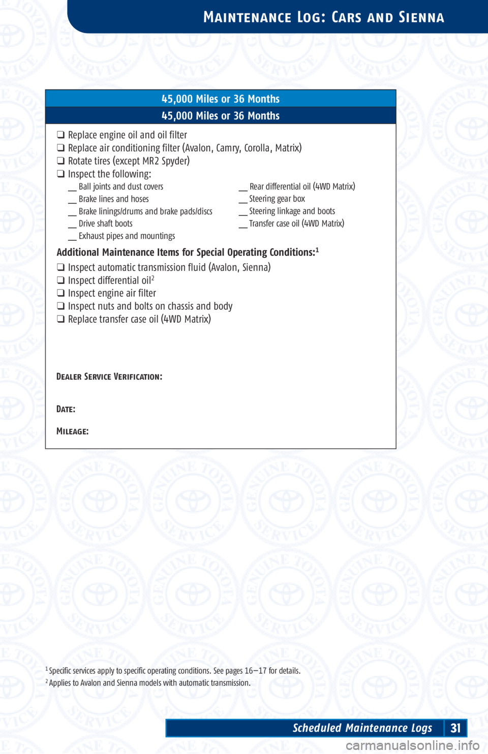 TOYOTA TACOMA 2003  Warranties & Maintenance Guides (in English) 1 Specific services apply to specific operating conditions. See pages 16—17 for details.2 Applies to Avalon and Sienna models with automatic transmission.
Maintenance Log: Cars and Sienna
45,000 Mil