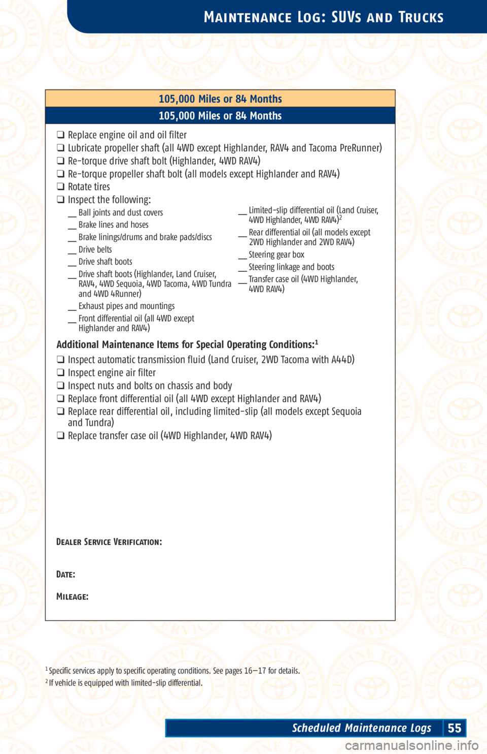 TOYOTA TACOMA 2003  Warranties & Maintenance Guides (in English) 1 Specific services apply to specific operating conditions. See pages 16—17 for details.2 If vehicle is equipped with limited-slip differential.
Maintenance Log: SUVs and Trucks
105,000 Miles or 84 