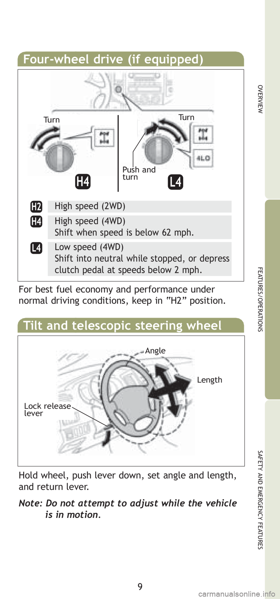 TOYOTA TACOMA 2008  Owners Manual (in English) 9
OVERVIEW
FEATURES/OPERATIONS
SAFETY AND EMERGENCY FEATURES
Four-wheel drive (if equipped)
High speed (2WD)
High speed (4WD)
Shift when speed is below 62 mph.
Low speed (4WD)
Shift into neutral while