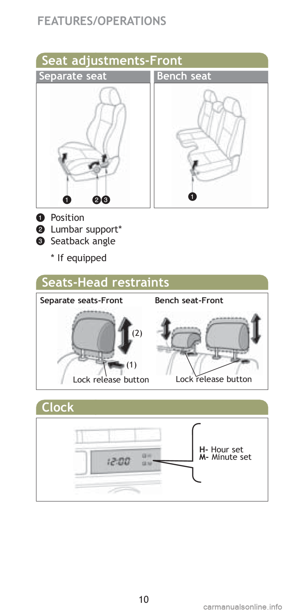 TOYOTA TACOMA 2008  Owners Manual (in English) 10
FEATURES/OPERATIONS
Seat adjustments-Front
Separate seatBench seat
Position
Lumbar support*
Seatback angle
* If equipped
Seats-Head restraints
Bench seat-Front Separate seats-Front
Lock release but