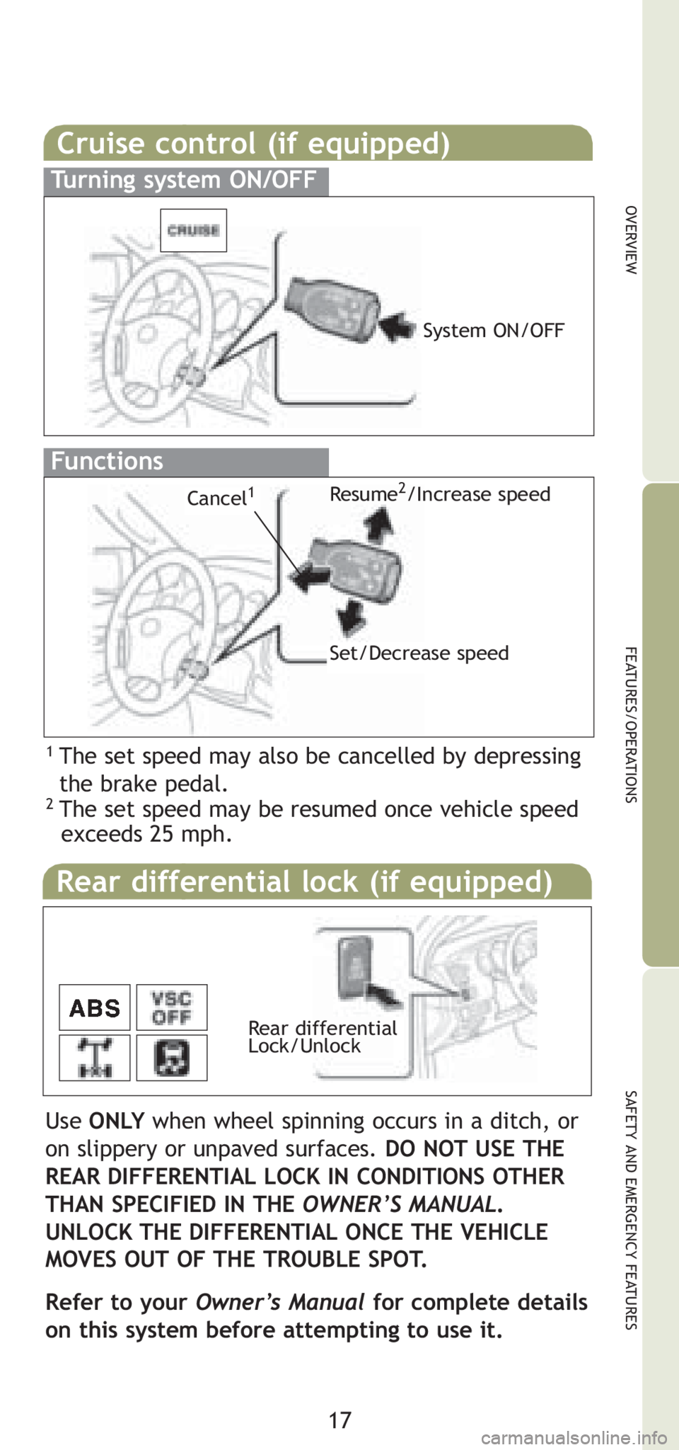 TOYOTA TACOMA 2008  Owners Manual (in English) 17
OVERVIEW
FEATURES/OPERATIONS
SAFETY AND EMERGENCY FEATURES
Use ONLYwhen wheel spinning occurs in a ditch, or
on slippery or unpaved surfaces. DO NOT USE THE
REAR DIFFERENTIAL LOCK IN CONDITIONS OTH