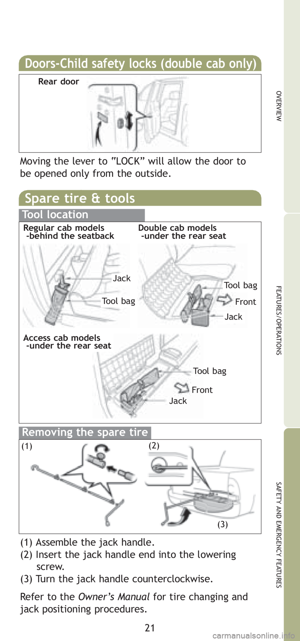 TOYOTA TACOMA 2008  Owners Manual (in English) Spare tire & tools
Tool location
Removing the spare tire
21
OVERVIEW
FEATURES/OPERATIONS
SAFETY AND EMERGENCY FEATURES
(1) Assemble the jack handle.
(2) Insert the jack handle end into the lowering
sc