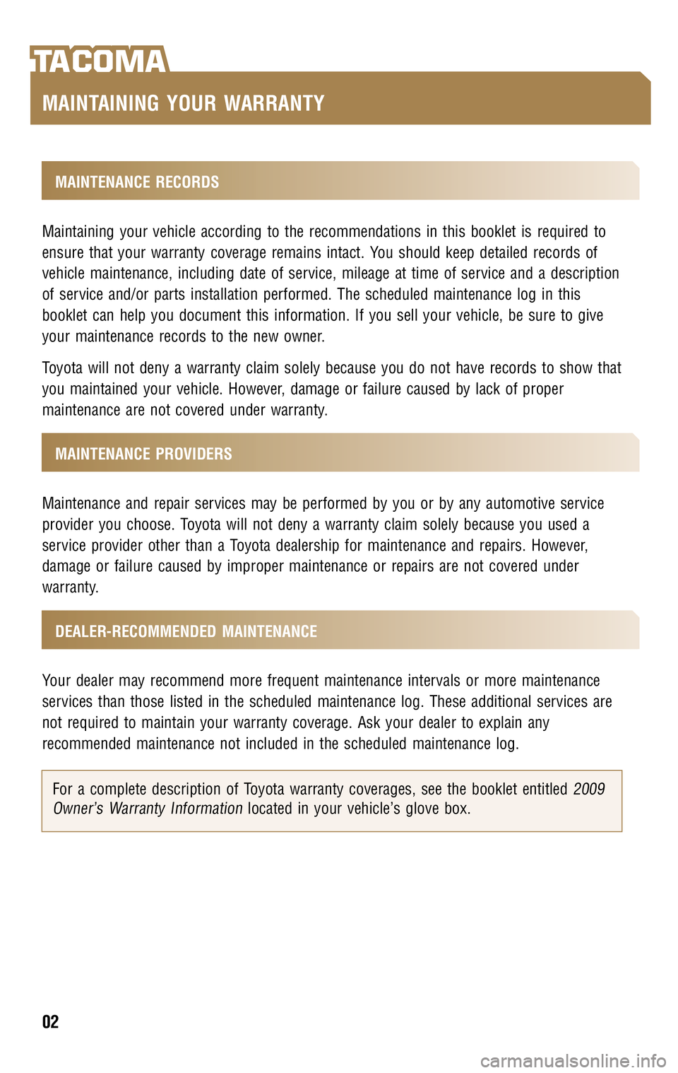 TOYOTA TACOMA 2009  Warranties & Maintenance Guides (in English) 