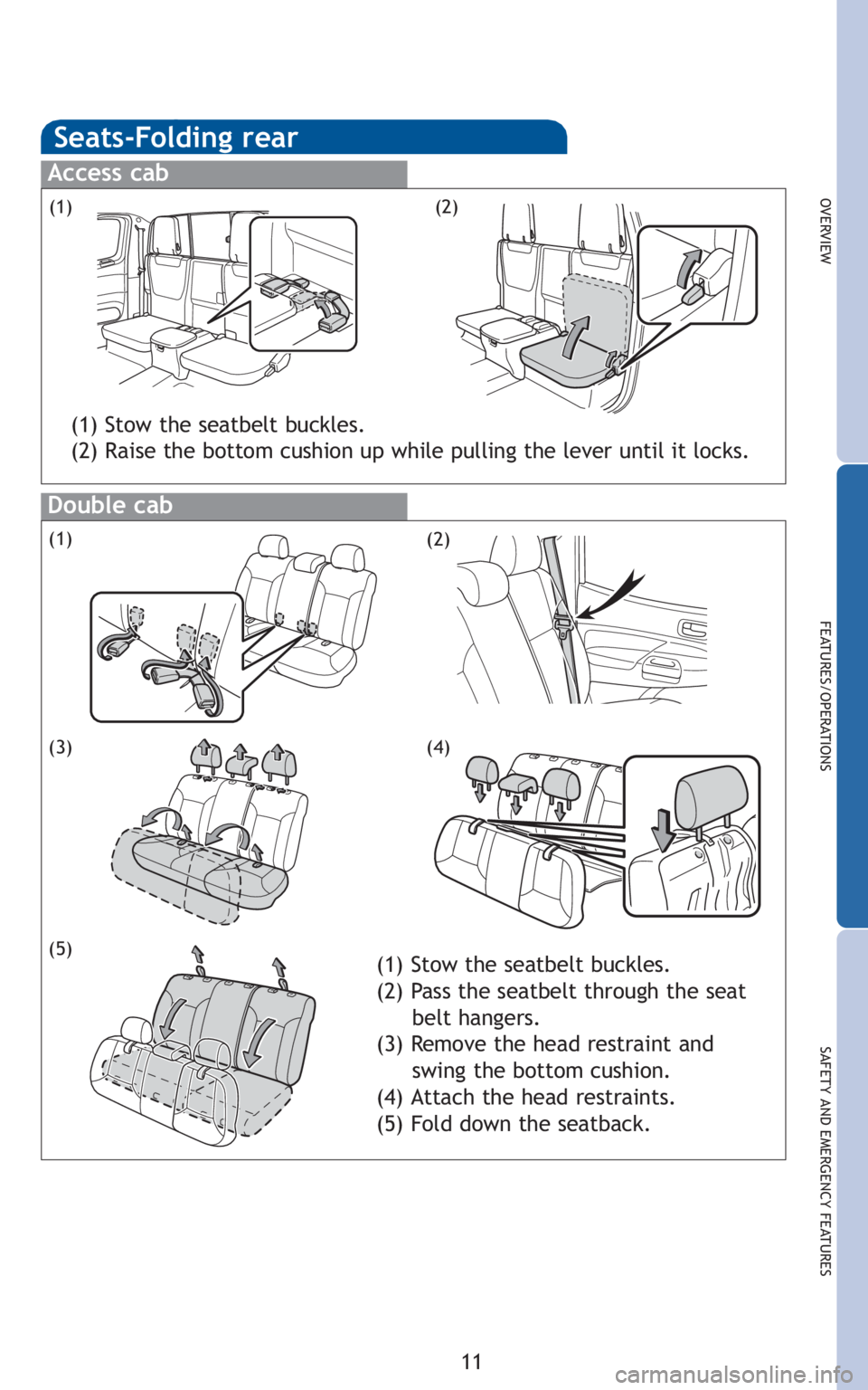 TOYOTA TACOMA 2010  Owners Manual (in English) 11
OVERVIEW
FEATURES/OPERATIONS
SAFETY AND EMERGENCY FEATURES
Seats-Folding rear
Access cab
Double cab
(1)(2)
(1) Stow the seatbelt buckles.
(2) Raise the bottom cushion up while pulling the lever unt