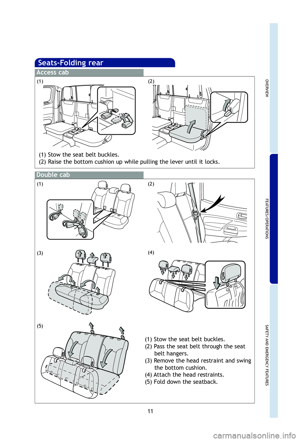 TOYOTA TACOMA 2012  Owners Manual (in English) OVERVIEW
FEATURES/OPERATIONS
SAFETY AND EMERGENCY FEATURES
11
Seats-Folding rear
Access cab
Double cab
(1)(2)
(1) Stow the seat belt buckles.
(2) Raise the bottom cushion up while pulling the lever un